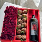 Luxury Flower Gift Box with Wine for Her — red roses, chocolate-covered strawberries & Apothic Red Wine. Pure indulgence!