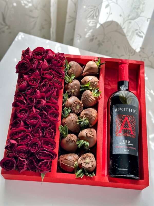 Luxury Flower Gift Box with Wine for Her — red roses, chocolate-covered strawberries & Apothic Red Wine. Pure indulgence!